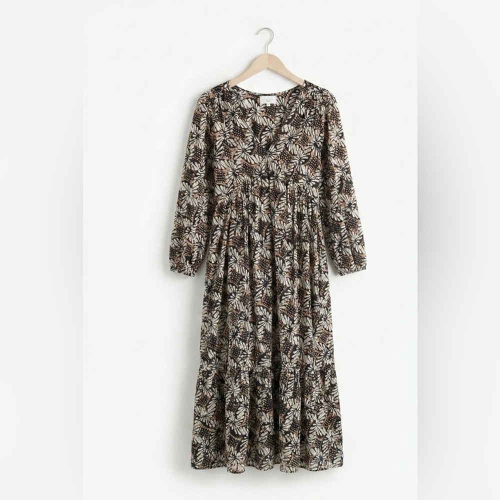 XíRENA Ella Tobacco Petal Cotton Boho Tiered Midi Dress M Black
